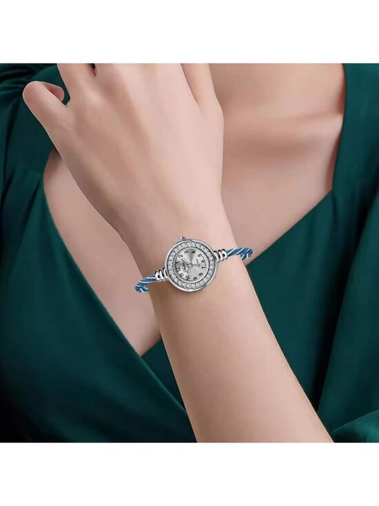 Women\'s Gold And Blue Analog Cable Cuff Arabic Numbers Rhinestone Bracelet Watch main image 4